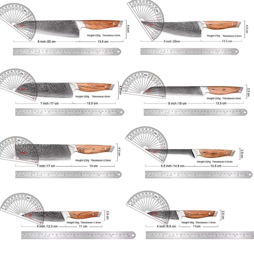 Damascus Steel Kitchen Knives Set 1-8pcs Chef Knife Cutting Professional Sharp Chef Knife, Cleaver, Santoku,Bread, Boning & More