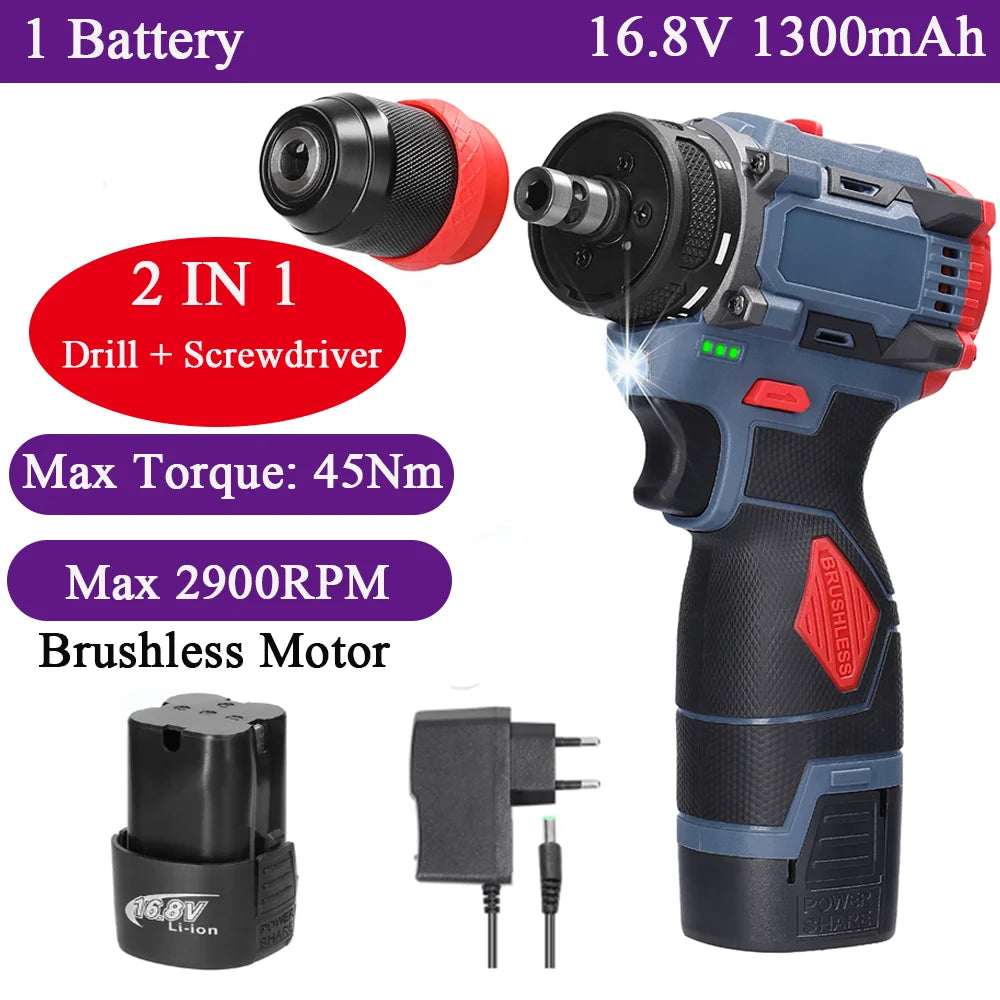 21V 2in1 Lithium Drill Electric Screwdriver Power Tool 55Nm Torque Brushless Motor Practical Screw Driver for Home Appliances