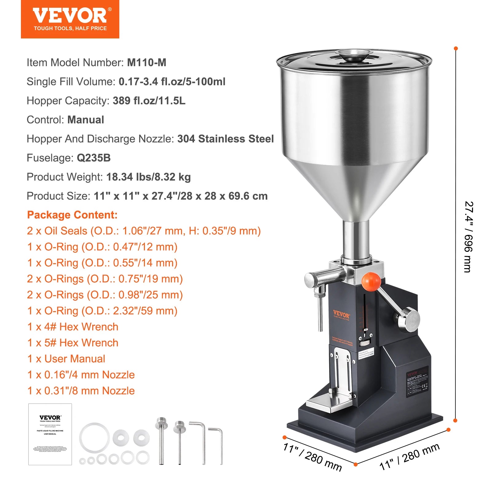 VEVOR 5-100ml Manual Paste Liquid Filling Machine Stainless Steel Adjustable Bottle Filler with Hopper for Water Juice Oil Honey
