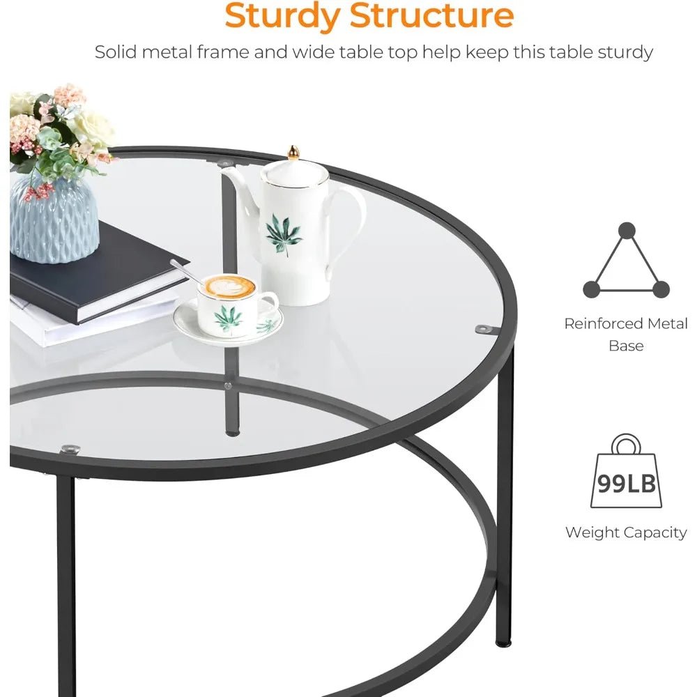 36" Round Glass Coffee Table, Black Circle Coffee Table Center Table with Glass Top, Small Coffee Table