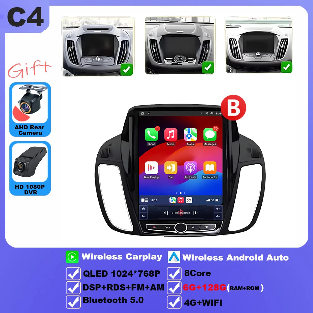 Wireless Android 15 Carplay For Ford Kuga 2 Escape 3 2012-2019 9.7 Inch Tesla Style Car Multimedia Player 5G Wifi Touch Display