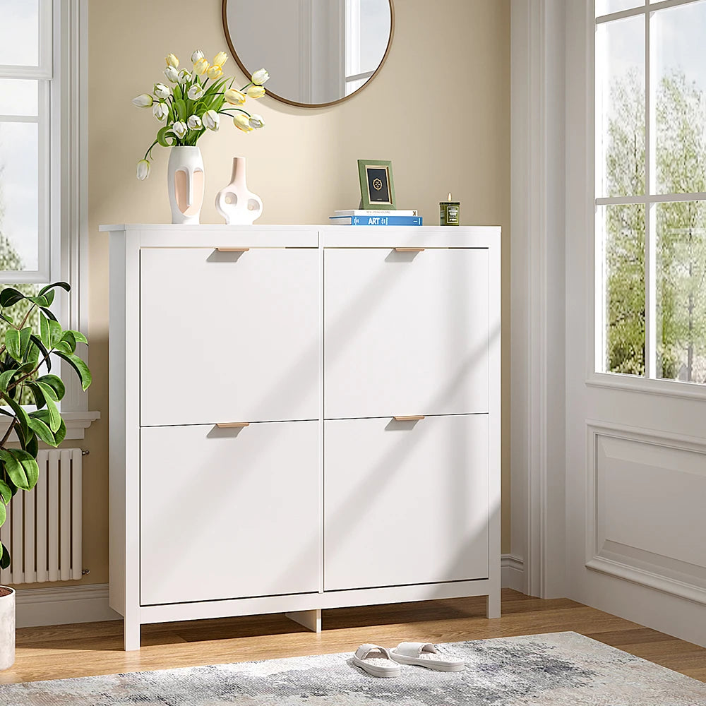 Haodirect white 4 compartment flip entrance narrow shoe cabinet, wooden shoe rack,102cm W x 24cm D x 103cm H