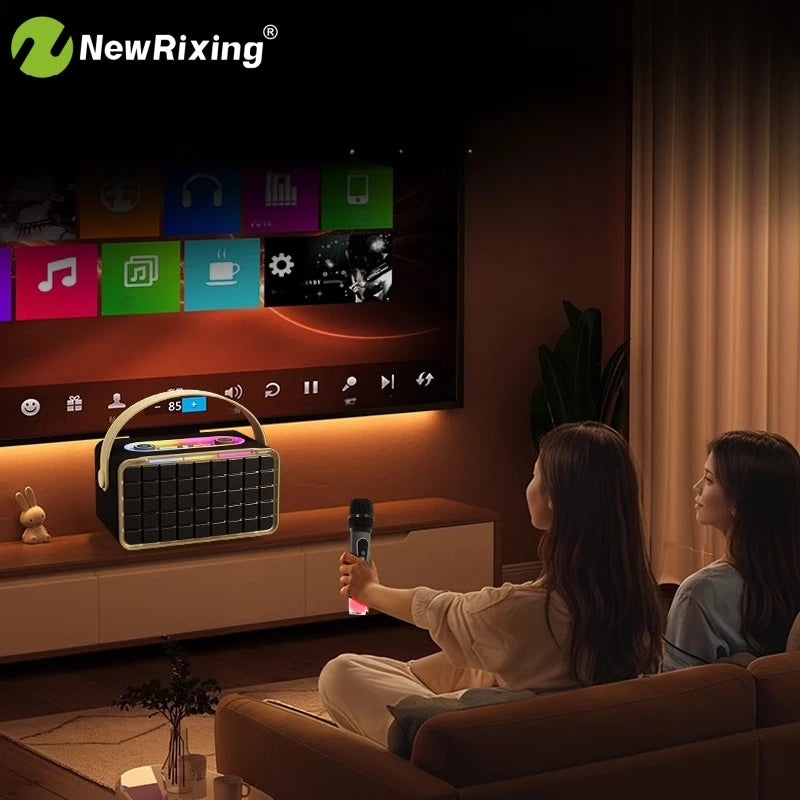 Portable wireless speaker with 2 microphones, karaoke machine,40W high volume,knob buttons,RGB lights,supports BT,USB,AUX,TF,MIC