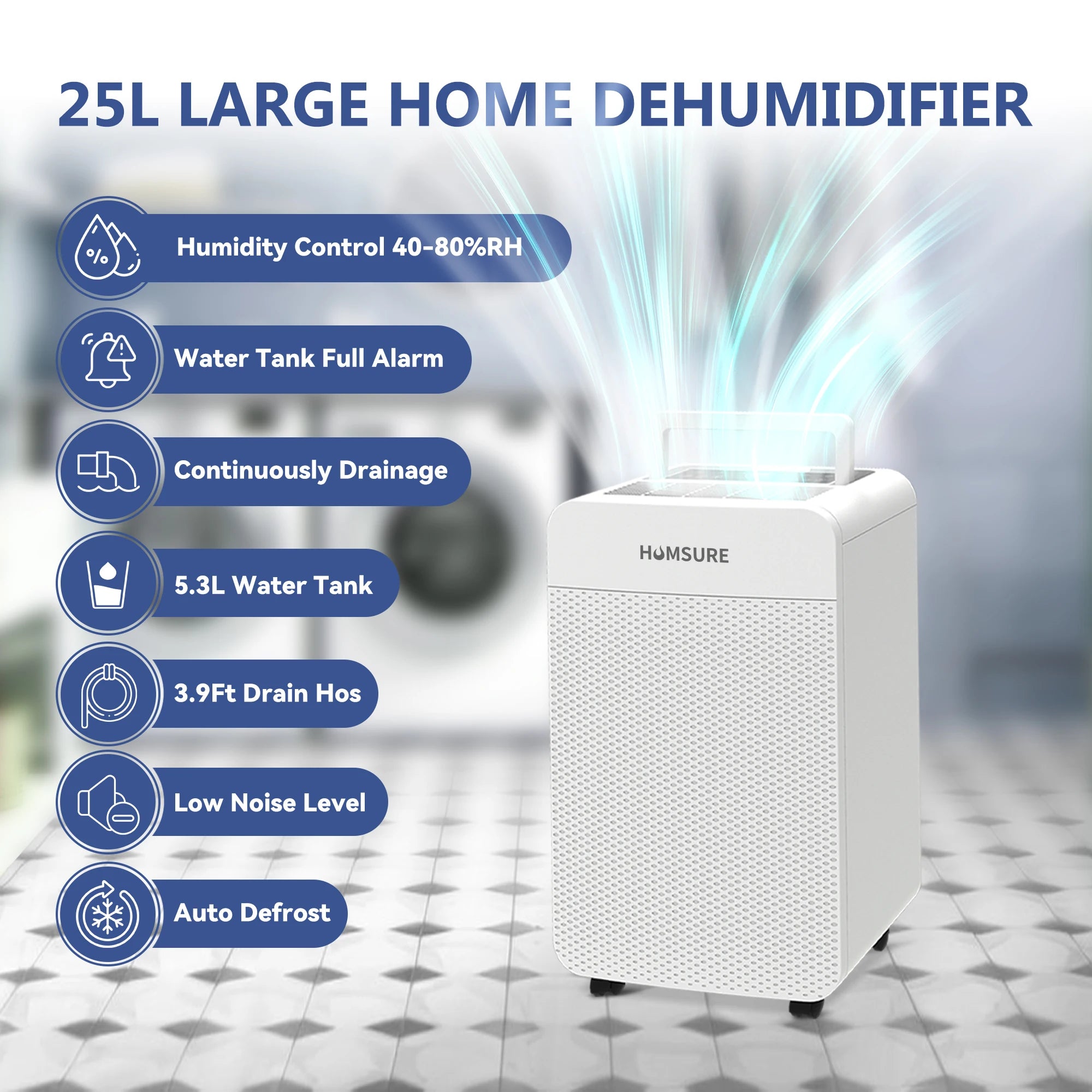 HUMSURE Electric Dehumidifier 25L/24H, Dehumidifier Basement Rooms wit