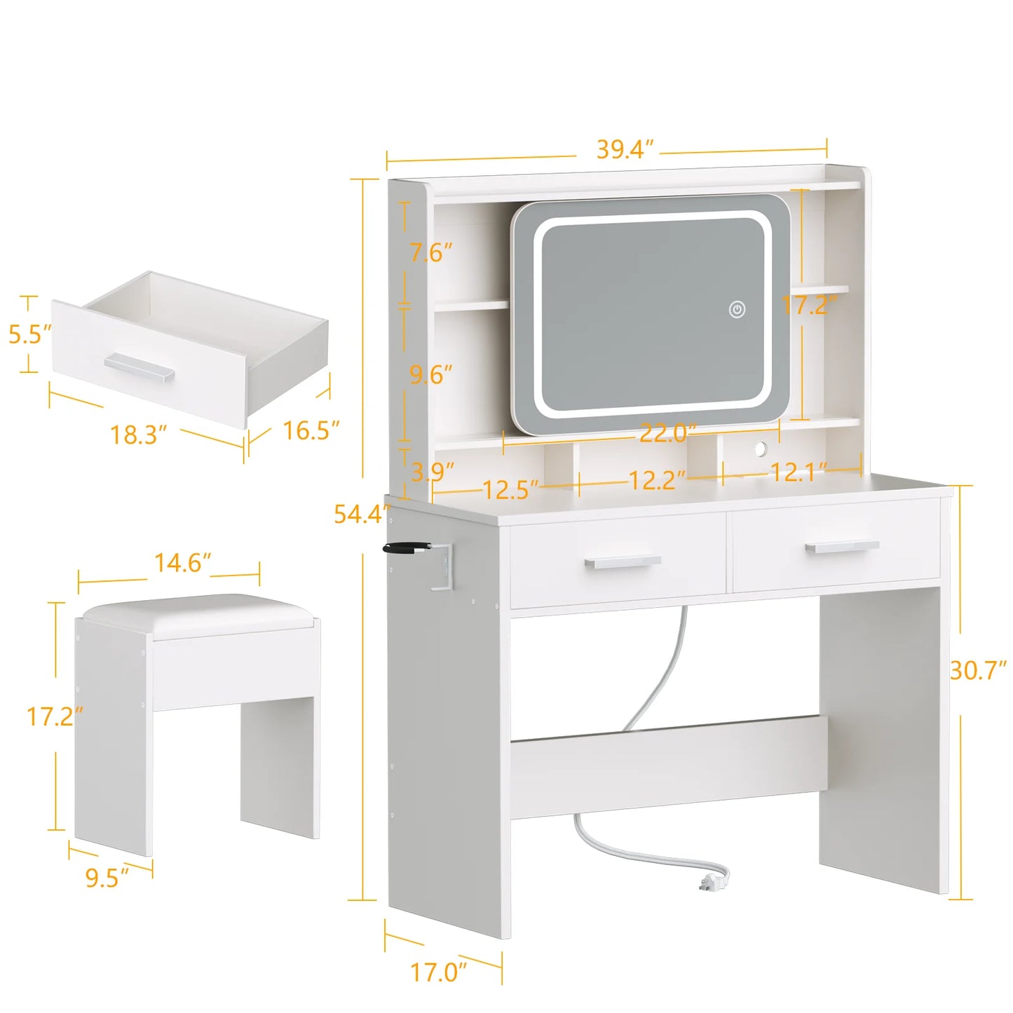 Satifur Vanity Desk with LED Lights Mirror and Power Outlets, Small Makeup Vanity Desk Stool Set with 4 Drawers, Dressing Table