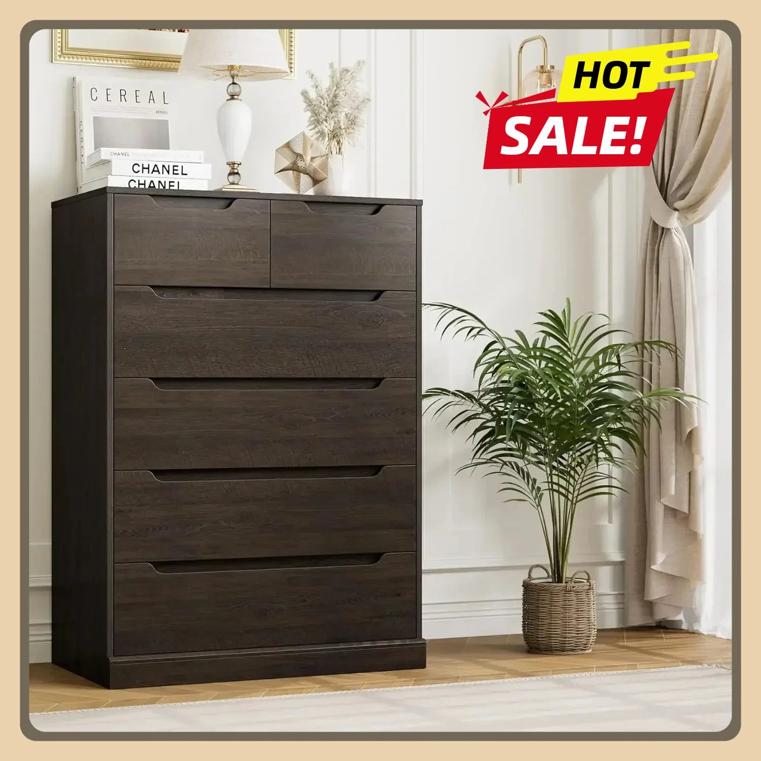 Modern 6 Drawer Dresser for Bedroom, Tall Chest of Drawers with Storage, Large Wood Storage Chest Organizer with Cut-Out Handle