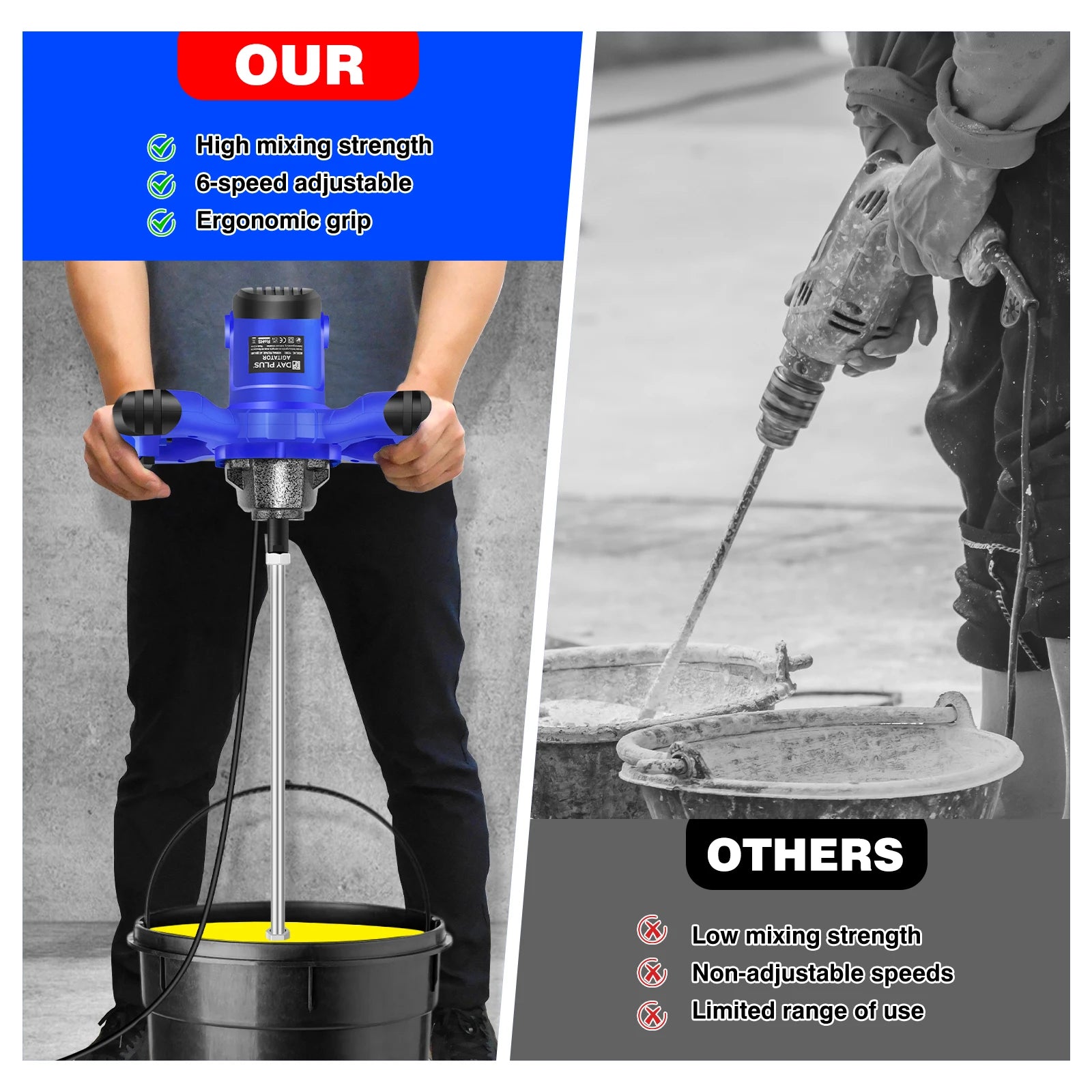 Handheld Paint Concrete Mixer Machine Paddle Mixer Adjustable 6 Speed Stirrer Electric Mix Stirring Tool M14 Mixing Rod 2600W