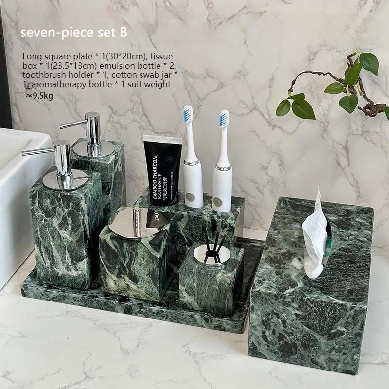 Luxury Marble Bath Set: Shampoo Bottles, Tray & Canister Organizer, Natural Stone Accessories for Home & Hotel Bathroom Decor