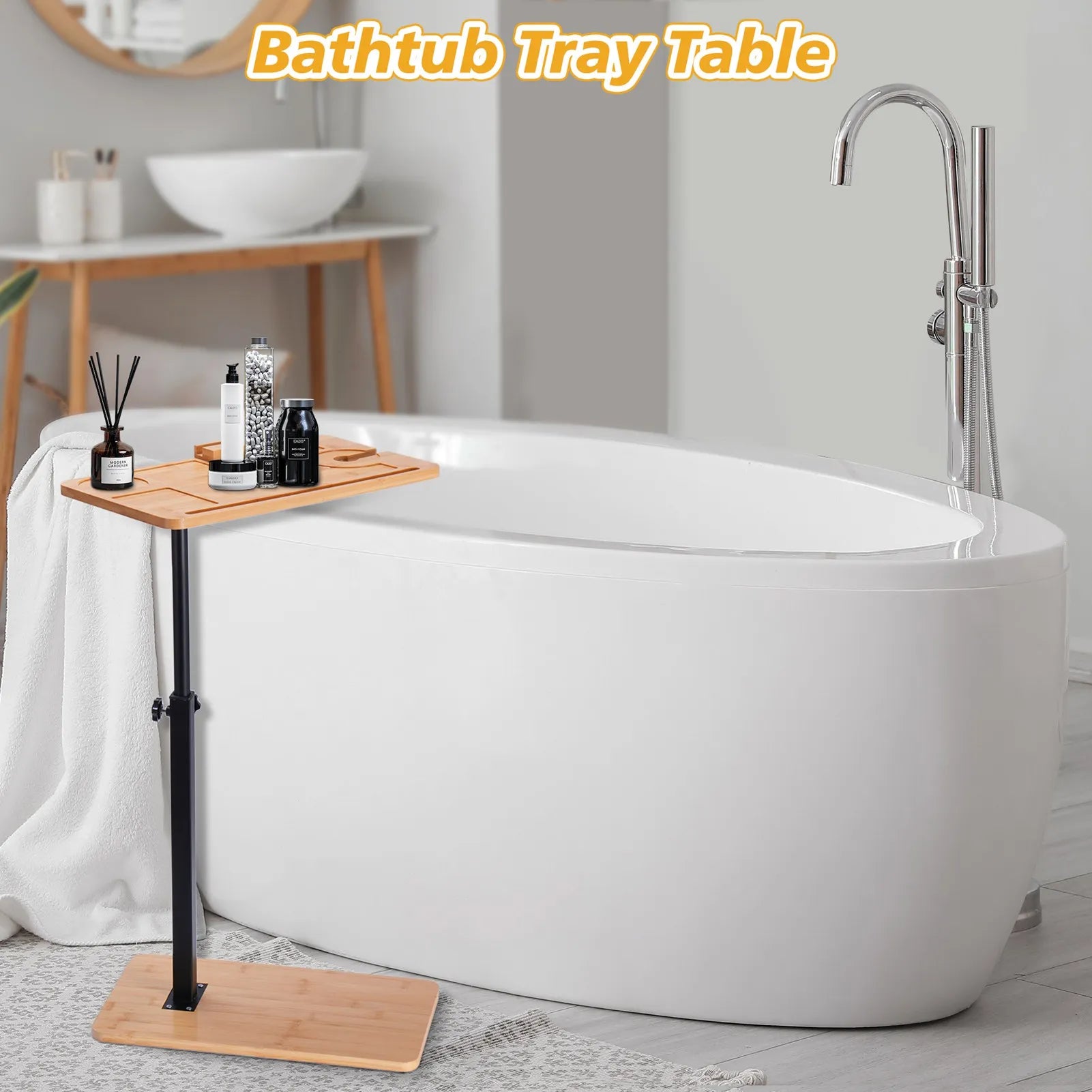 C-shaped Small Square Table, 360° Rotatable Sofa Tray Adjustable Height, Suitable for Bedroom, Living Room, Bathroom