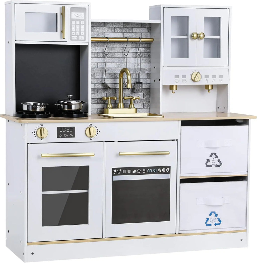 Children's Wooden Kitchen Toy for Children Play Kitchen with Simulated Light and Sound Effects, Doll Kitchen with Accessories