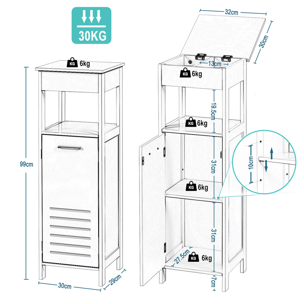 32x99x30cm White Bathroom Cabinet 4 Levels with Door Adjustable Shelf Standing Corner Cabinet for Living Room Hallway