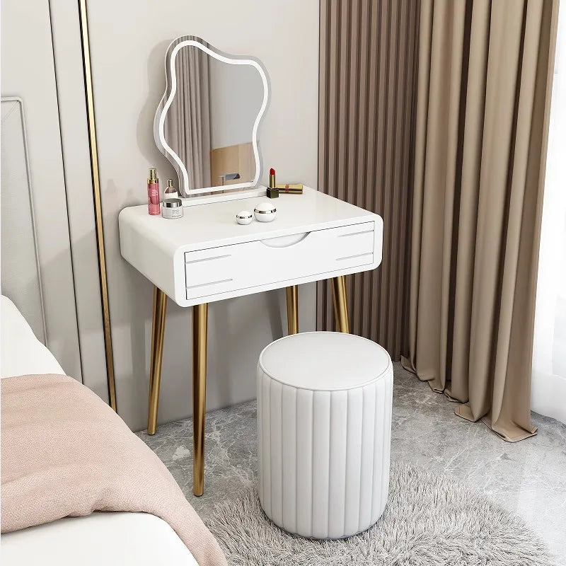Modern Luxury Dresser Set With Mirror And Lights Mirror Drawer Solid Wood Small Apartment Room White Makeup Furniture Design