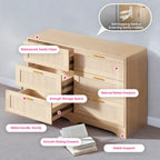 REDLIFE 47.24" Rattan Dresser with 6 Drawers ,Modern Chest Wood Storage Closet w/ Golden Handles for Bedroom Living Room Hallway