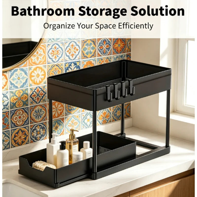 Kitchen Bathroom Under Sink Organizer 2 Tier Sliding Pull Out Drawer 1 Pack Storage Rack for Pantry Laundry Cabinet