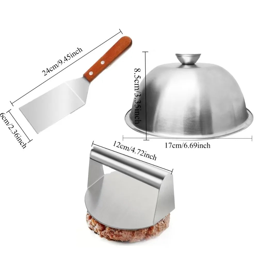 3Pcs Kitchen Accessories, Stainless Steel Burger Press, Spatula & Lid, Non-stick Kitchen Tools, Useful Kitchen Items for Home