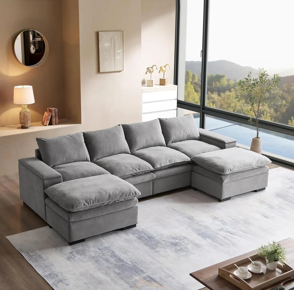 122″ Oversized Modular Sectional Sofa with Movable Ottoman, 6-Seat Deep Seat Sofa with Armrest Storage, Convertible U Shaped