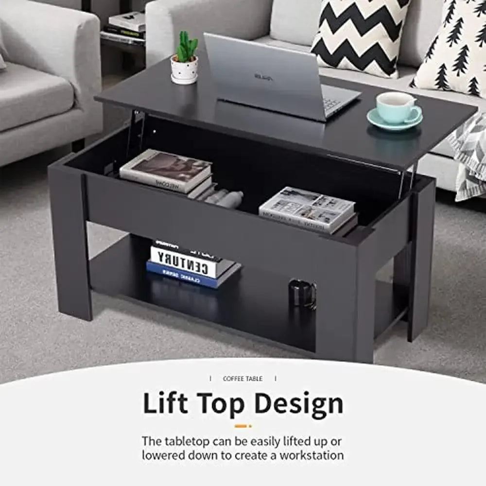 Black Modern Lift Top Coffee Table w/ Hidden Storage & Shelf | AlluCanFind