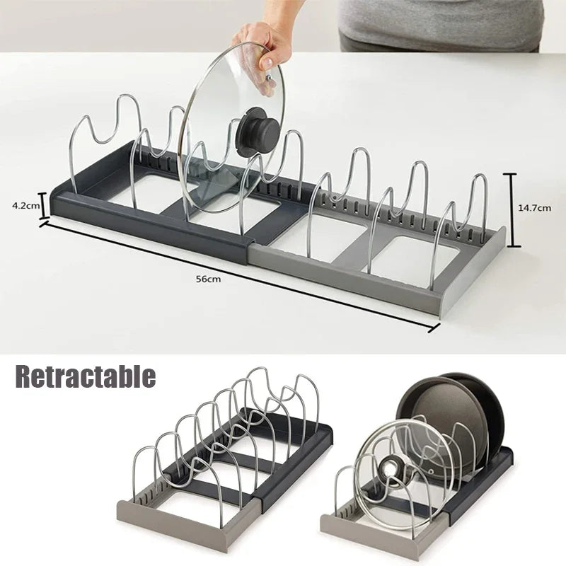 6 grids Kitchen Cabinet Organizers for Pots and Pans Expandable Stainless Steel Storage Rack Cutting Board Drying Cookware Shelf