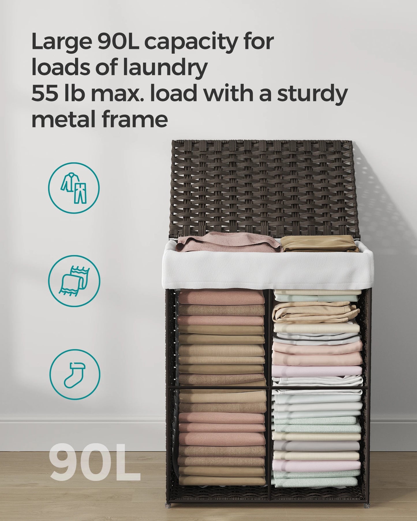 SONGMICS Laundry Hamper with Lid, 23.8 Gallon (90 L) Synthetic Rattan Clothes Laundry Basket with Lid and Handles, Foldable