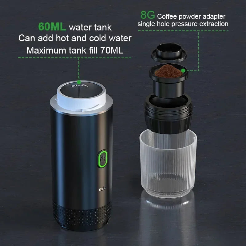 Wireless Electric Portable Espresso Coffee Machine for Car & Home Camping Maker 3-in-1 Capsule Powder Travel Coffee Maker