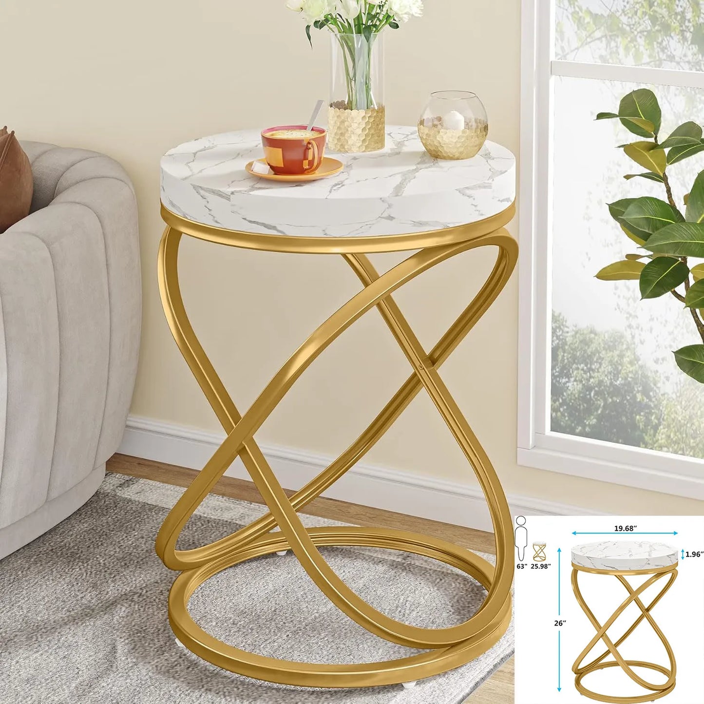 Square End Table White Gold 2-Tier Side Table Modern Small Bedside Table with Storage for Couch ( Faux Marble White+Gold)