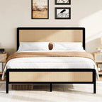 Rattan Queen Bed Frame with Headboard, Metal Platform Bed Frame Queen Size, Strong Steel Slats Support, No Box Spring Needed