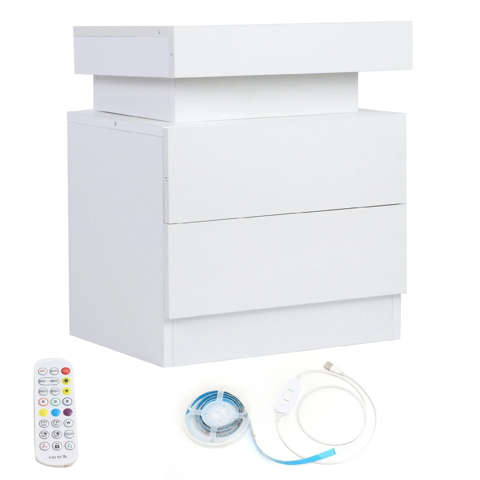 Bedside Table Large Capacity RGB Light Storage Nightstand Cabinet with 2 Drawers for Bedroom 45 x 35 x 52cm