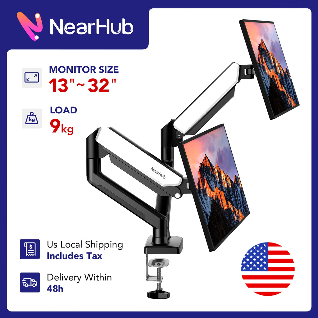 Nearhub Dual Arm Monitor Stand (13-32 Inch) | Desk Mount with C-Clamp & Grommet