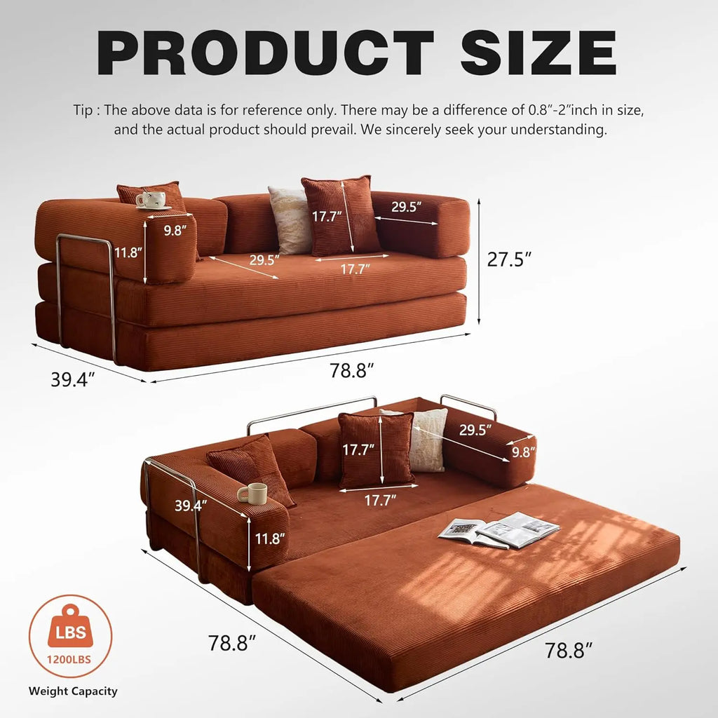 78.8" Convertible Compression Sofa: Corduroy Modular Bed, Arms & Backrest