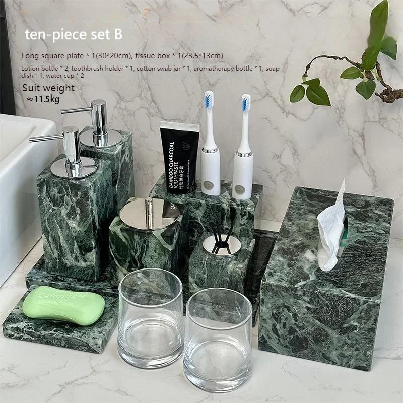 Luxury Marble Bath Set: Shampoo Bottles, Tray & Canister Organizer, Natural Stone Accessories for Home & Hotel Bathroom Decor