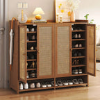 8 Tier Bamboo Shoe Storage Cabinet with Doors, 38-42 Pairs Shoe Rack for Closet, Rattan Storage Cabinet with Doors for Hallway L