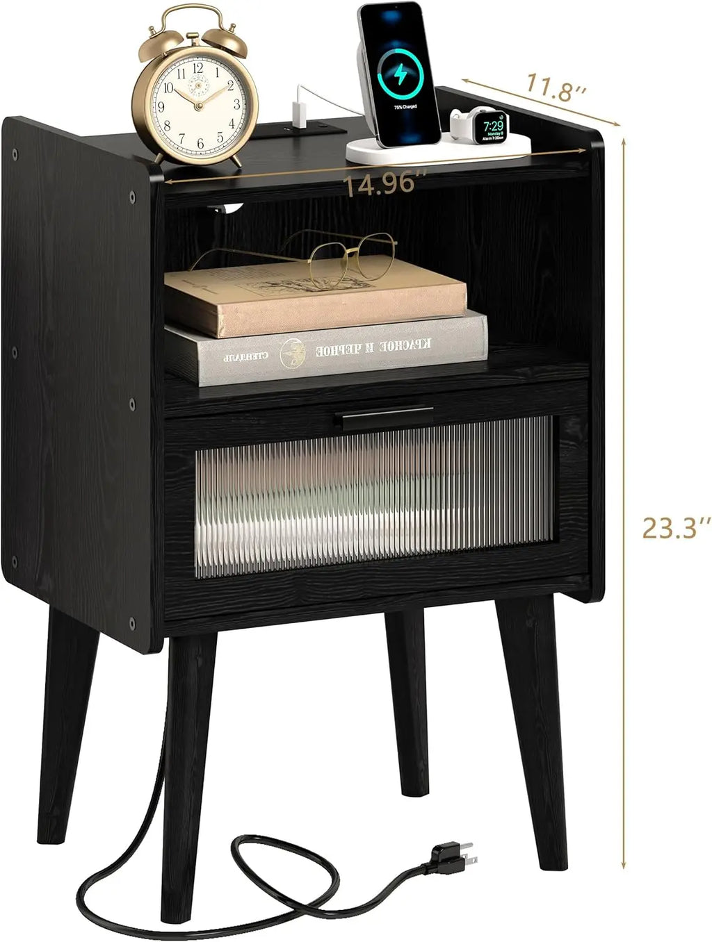 Nightstand with Charging Station, Black Wood Grain Bedside Tables, Modern End Table, Side Table with 2 Tiers Storage Space for B