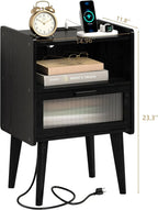 Nightstand with Charging Station, Black Wood Grain Bedside Tables, Modern End Table, Side Table with 2 Tiers Storage Space for B