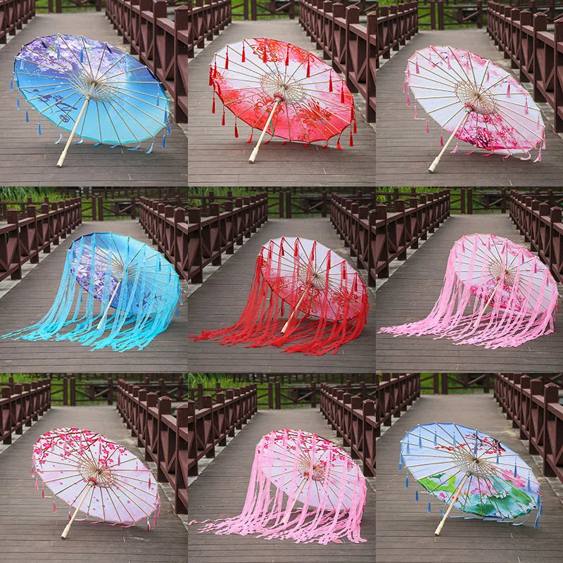 82cm Pink Flowers Silk Decorative Umbrella Han Cos Props Tassel Umbrella Ancient Chinese Classic Oil Paper Parasol