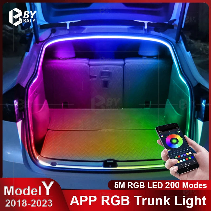 For Tesla Model Y 2021-2024 Frunk Brighten LED Strip APP Control RGB Flow Light Waterproof Flexible Trunk Silicone Interior Lamp