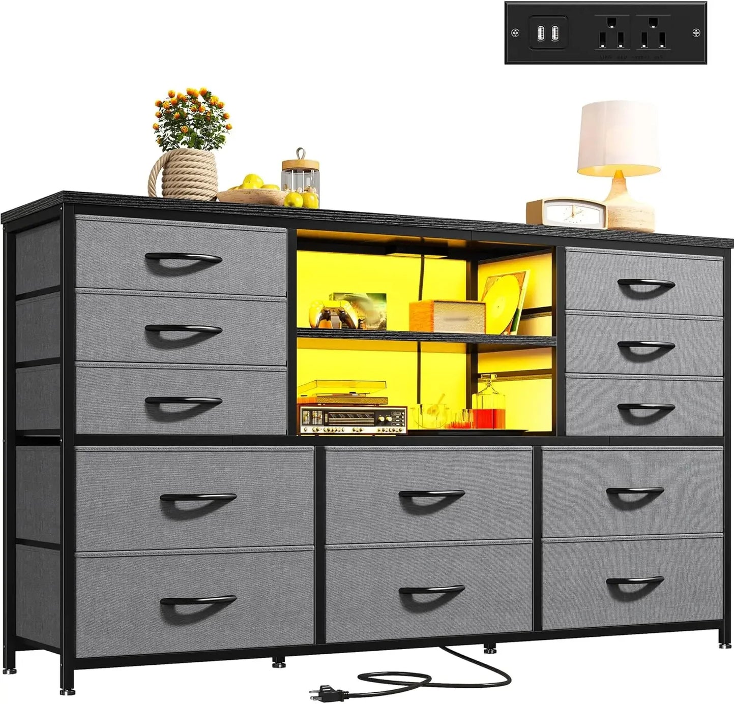 Dresser with LED Lights & Power Outlets, 12 Drawers Dresser TV Stand for 60''TV for Bedroom Dresser Fabric Dressers & Chest
