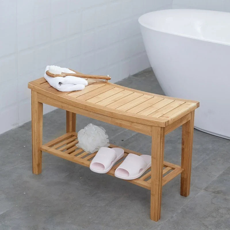 Bamboo Shower Bench Anti Slip Thickening Shower Stool with Storage Shelf Spa Bath Seat for Bathroom Organizer Hallway Bench