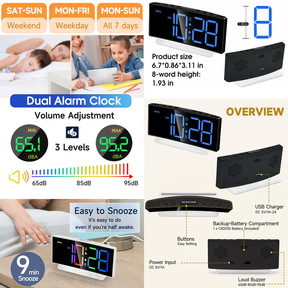 LED Alarm Clock with Colorful RGB Atmosphere Night Light and Output Power Interface to Charge Other Devices. Gift Idea for All