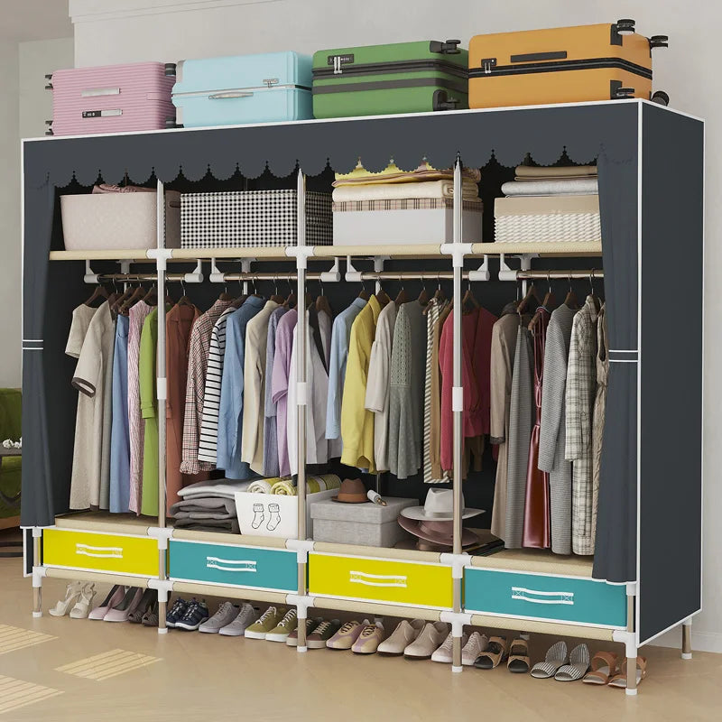 1 Piece of Simple and Modern Wardrobe, with Solid Color Curtain Door Curtain, Slide Rail, Assembly Rental, Economical, Sturdy, Durable, All-Steel Frame, Multi-Interface Fixed Home Storage Wardrobe, Suitable for Bedroom