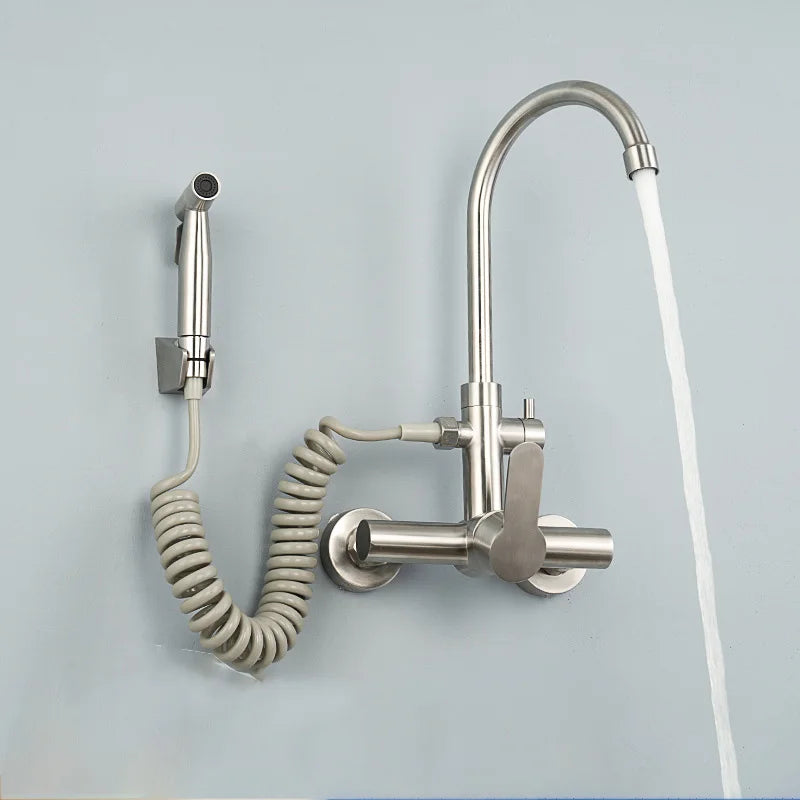 Brushed Nickel Wall Kitchen Sink Faucet with Bidet Sprayer Shower Head Stainless Steel Swivel Dual Hole Cold Hot Water Mixer Tap