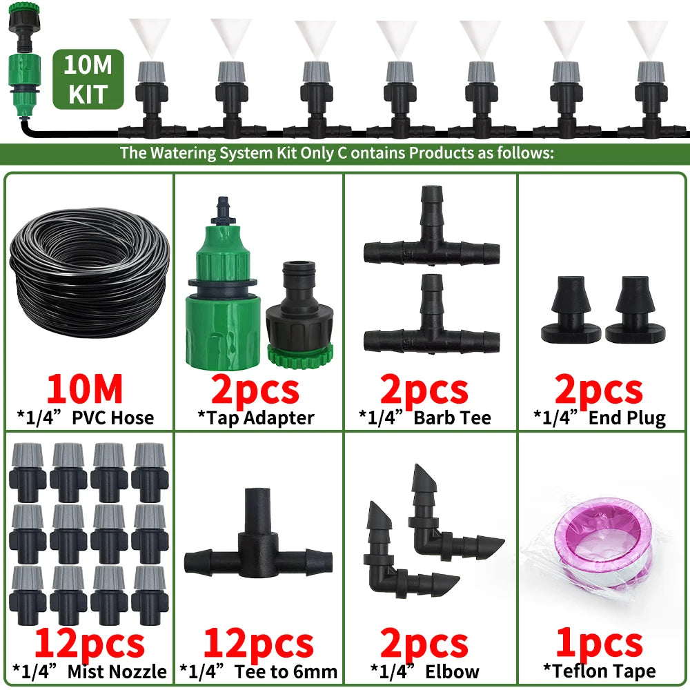 10-20M Automatic Watering Irrigation System Portable Misting Fog Nozzles Garden Hose Spray Head W/ 4/7mm Tee Connector for Patio