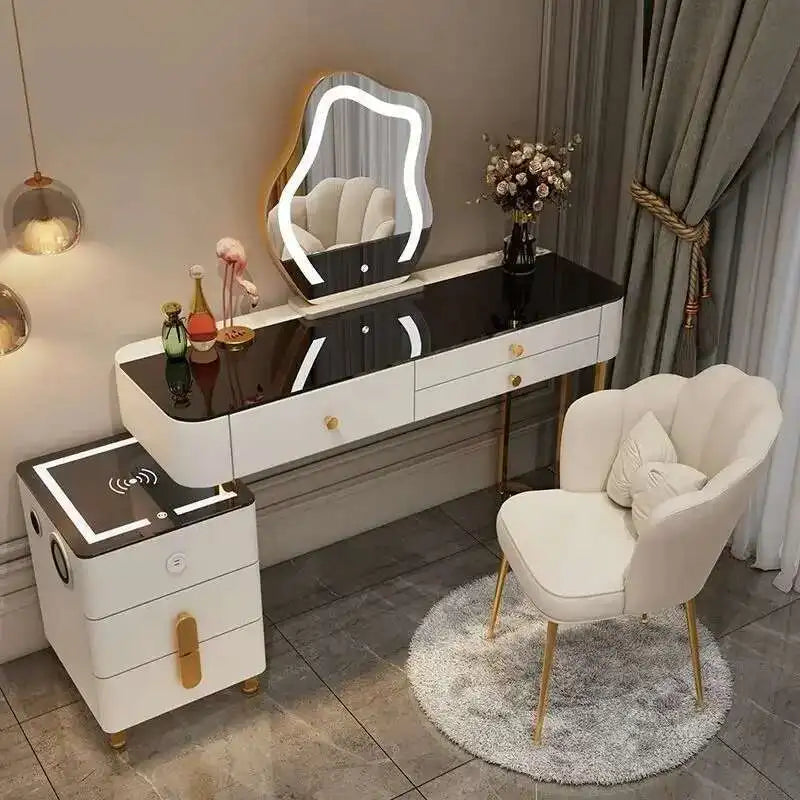 Luxury Glass Dressing Table with Smart Wireless Charging Bedroom Vanity Nightstand Makeup Table Drawers with Led Mirror Dresser