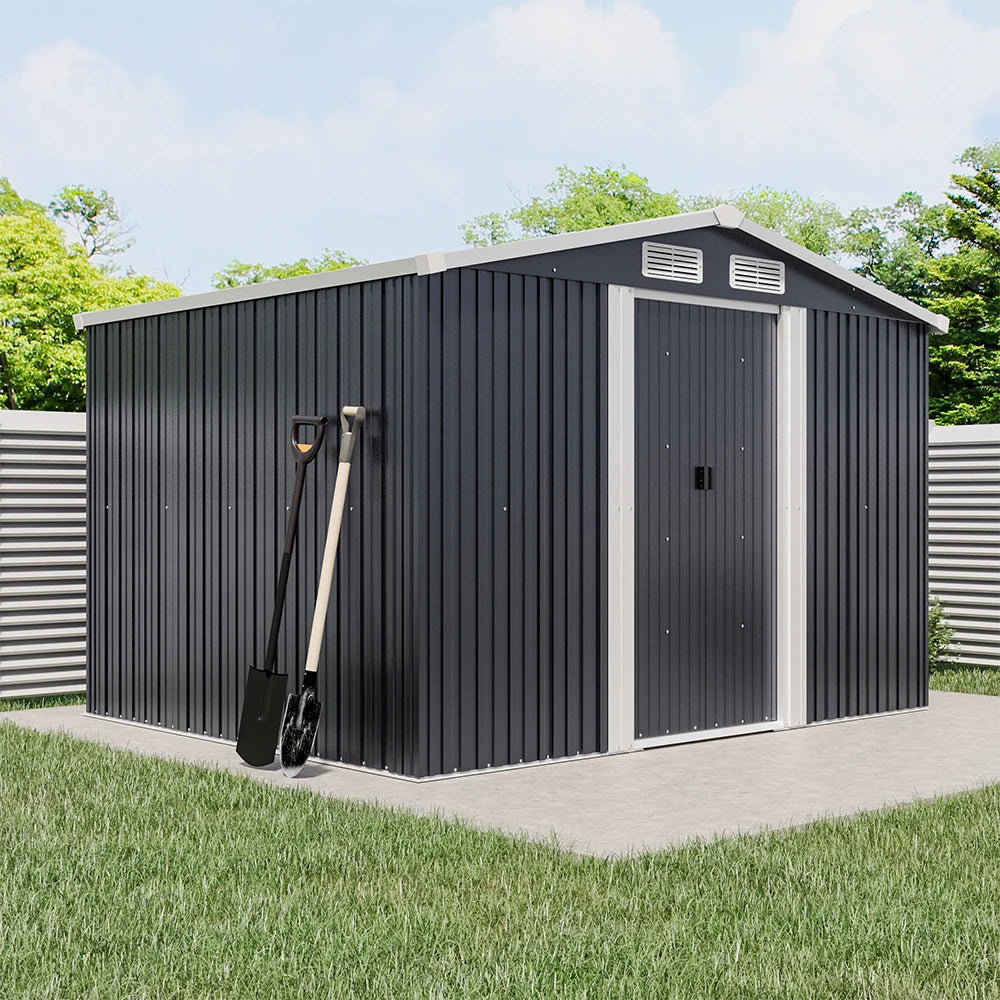 【Breeins】6 X 8 FT Black Outdoor Storage Shed, Metal Large Shed Garden with Air Vent, 2 Slide Door