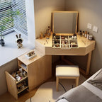 Corner Dressing Makeup Vanity Table with Mirror, Wood Vanity Set with Cabinet Retractable Dresser with Lots Storage for Bedroom