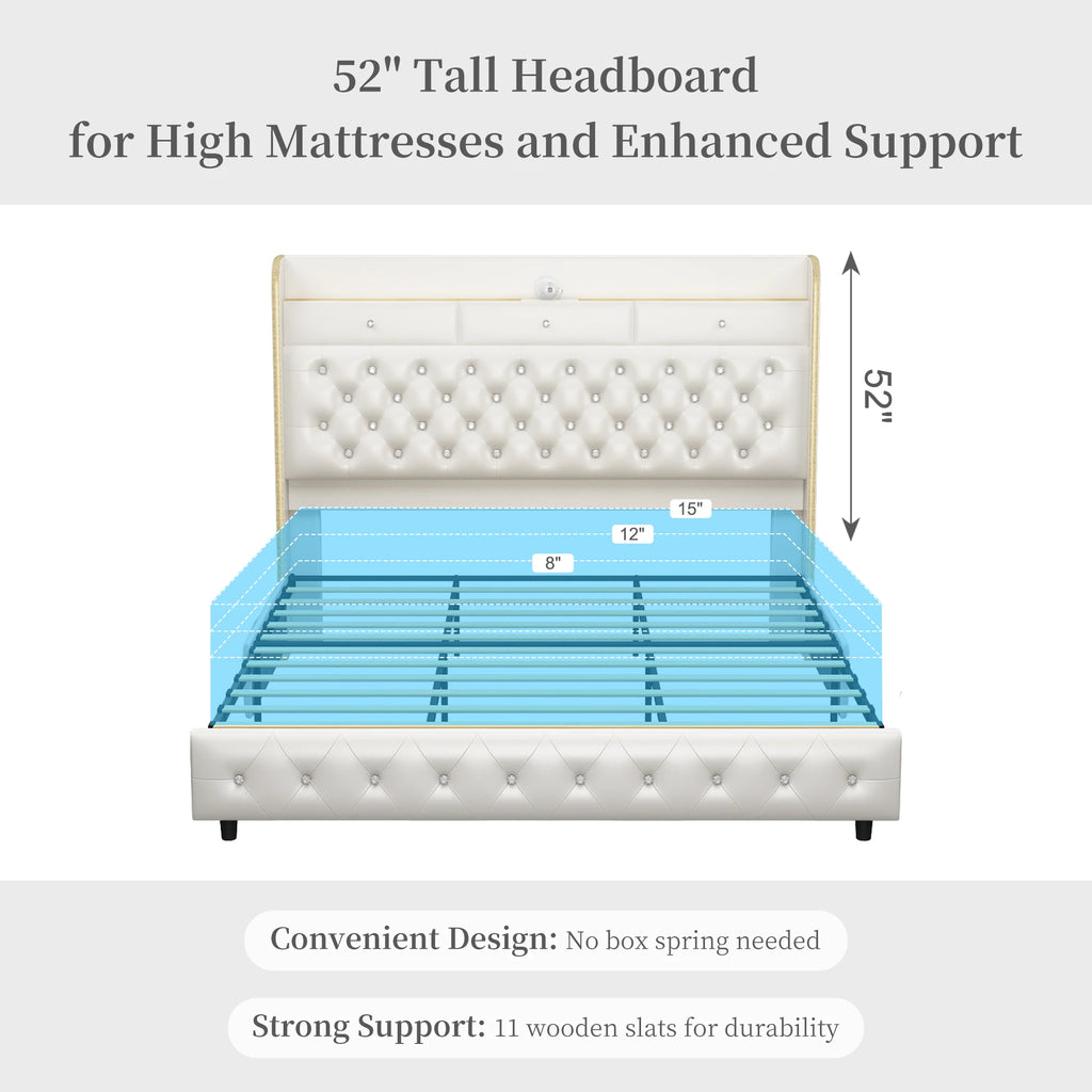 LED Bed Frame with Galaxy Star Projector, 2 Drawers, 52" PU Headboard with Charging Station, Noise Free, No Box Spring