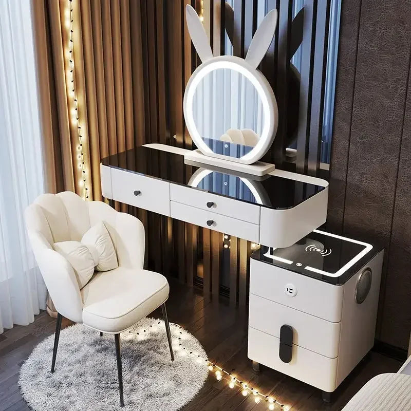 Modern Dressing Table with Smart Wireless Charging Luxury Bedroom Multifunctional Makeup Table with Chair Sound Cloud Led Mirror