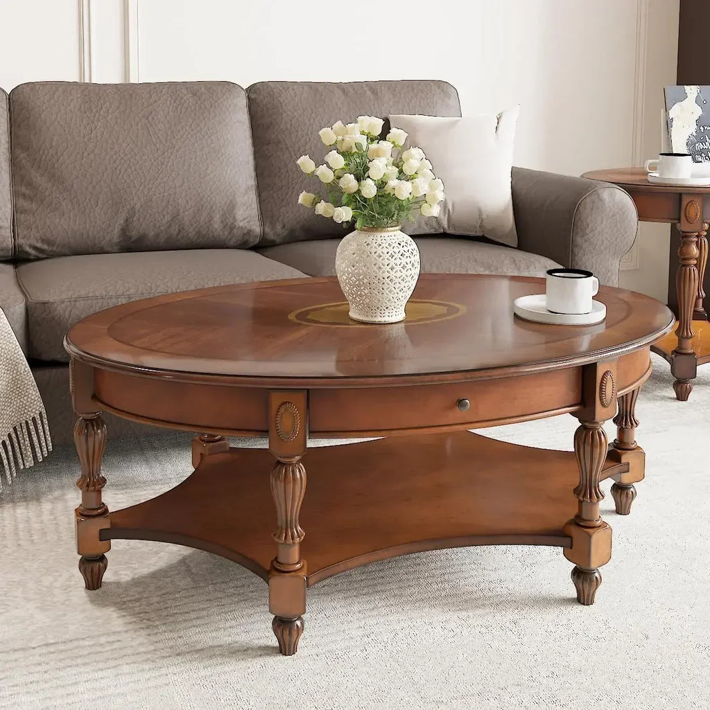 Solid Wood Coffee Table with Drawer and Storage Shelf, Traditional Living Room Cocktail Tea, Oval Center Carvings Side Vintage