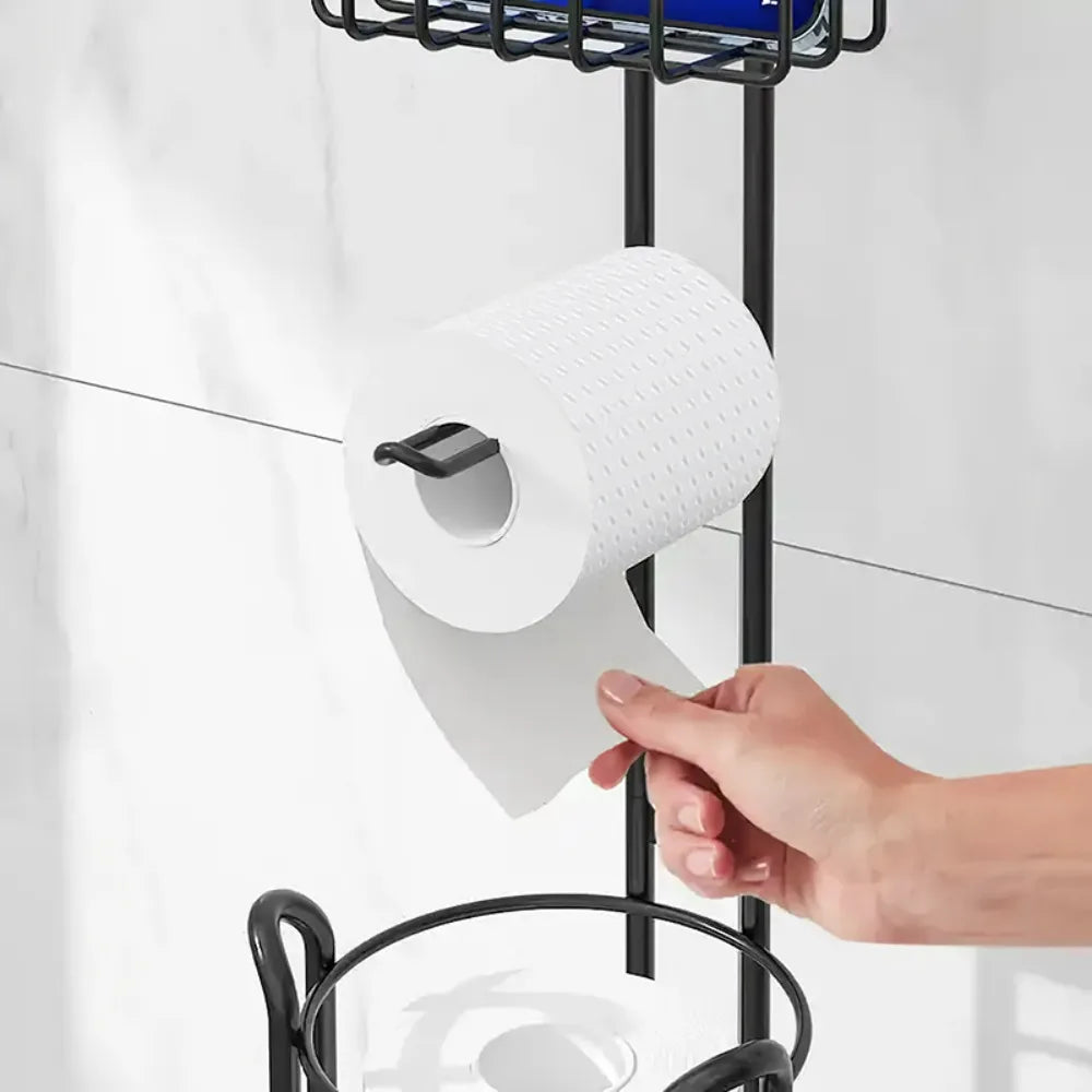 Round toilet paper holder with shelf, bathroom freestanding toilet paper holder