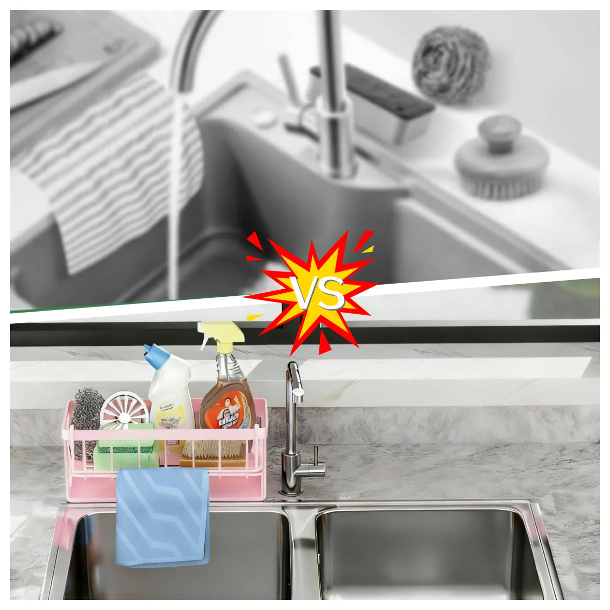 Kitchen Sink Caddy Sponge Holder, Self-Draining Sink Organizer for Soap Brush Scrubber Dishcloth Stopper, Kitchen Accessories