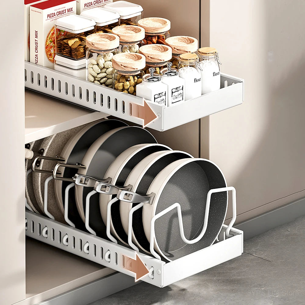1PCS Kitchen Pots & Pans Organizer Under Cabinet Sliding Drawer Pot Lid Organizer Pull Out Cabinet Storage Tray with 8Dividers